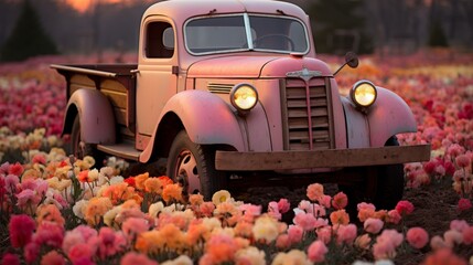 a truck decorated with colorful tulip flowers, driving through a snowy countryside as the sun sets, marking the transition from winter to spring - 771620266