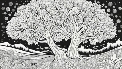 black and white tree black and white, coloring book page,    tree at night