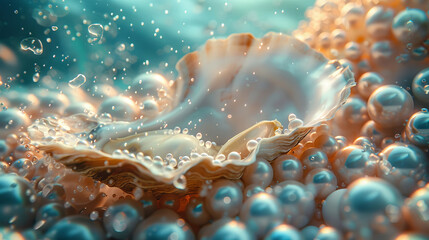 Pearl oysters on a soft-focus underwater bed, hidden treasures, - obrazy, fototapety, plakaty