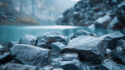 Platinum ore beside a blurred rocky river, unyielding strength