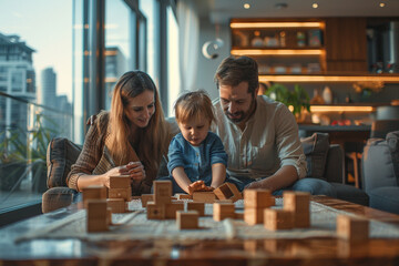 Carefree couple relaxing on sofa, little daughter play wooden cubes seated at table on floor, family spend pastime in modern apartment in skyscraper building. Leisure, new home, bank loan, tenancy - obrazy, fototapety, plakaty