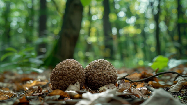 Rare truffles nestled in a blurred forest underbrush, hidden treasures