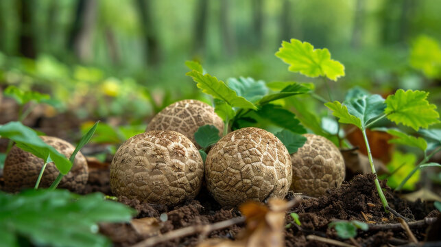 Rare truffles on a soft-focus woodland soil,