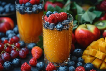 Two glasses of sparkling orange beverages topped with fresh berries amidst vibrant cherries and...
