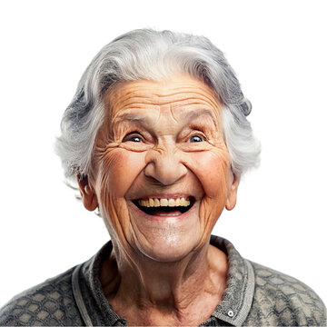 Portrait of a happy elderly woman smiling, isolated on transparent background