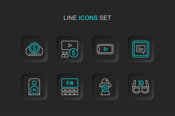 Set line 3D cinema glasses, Science fiction, Cinema auditorium with screen, Stereo speaker, Video subtitles, Online play video, and ticket icon. Vector