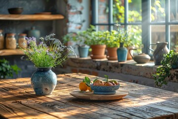 A cozy kitchen scene with sunlight casting a warm glow on a vase of lavender and a plate of fresh...