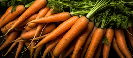 A pile of vibrant carrots, a staple food and natural produce, are stacked on a table. These root...