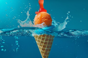 An orange ice cream cone floats on the waters surface, creating a vibrant contrast against the blue waves - obrazy, fototapety, plakaty