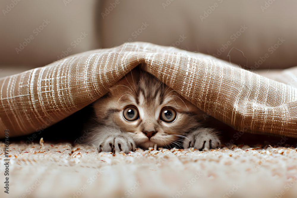 Aufkleber a cat is hiding under a blanket. the cat is looking at the camera with a curious expression. generat