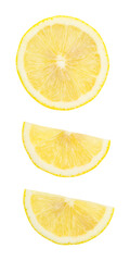 Top view set of yellow lemon half and slice or quarter isolated on white background with clipping path