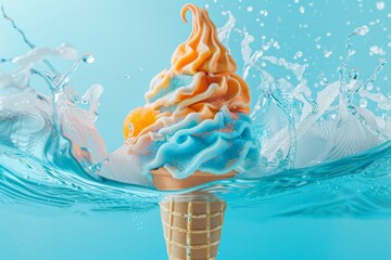 An ice cream cone is seen floating in the water, partially submerged and melting