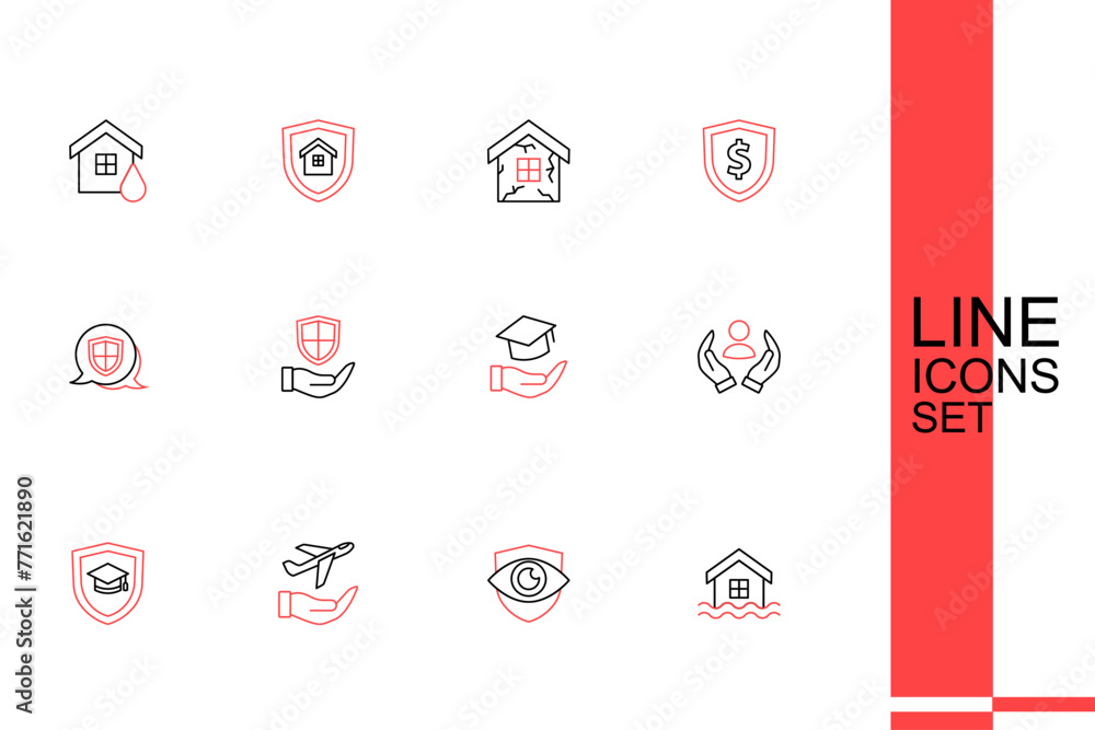 Wall mural Set line House flood, Shield and eye, Plane in hand, Graduation cap with shield, Life insurance, Education grant, and icon. Vector