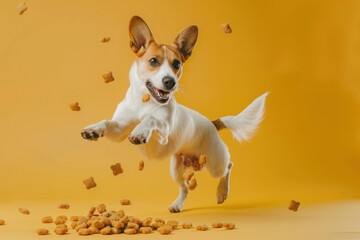 Happy dog try to catch delicious pet food fly around Isolated on solid color background