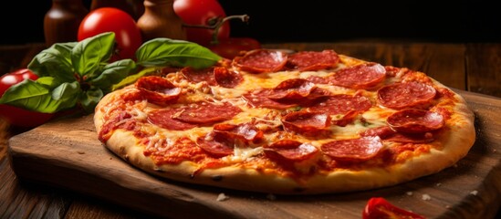 A Californiastyle pizza topped with pepperoni, cheese, and other ingredients is displayed on a wooden cutting board. It is a popular fast food and staple meal made with baked goods and meat