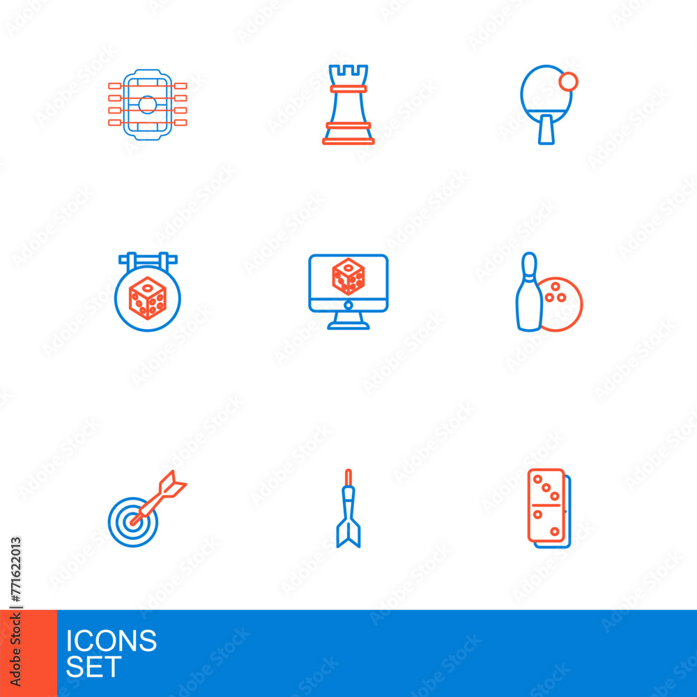 Poster set line domino, dart arrow, classic dart board and, bowling pin ball, game dice, racket and chess i