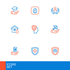 Set line Briefcase with shield, Life insurance, Contract hand, Umbrella, House flood, and Fire flame icon. Vector