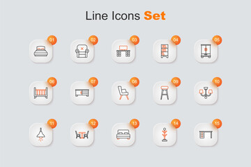 Set line Office desk, Coat stand, Big bed, Table with chair, Lamp hanging, Chandelier, Chair and Armchair icon. Vector