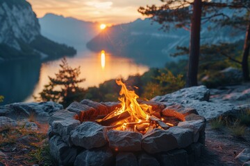 A tranquil scene with a fire pit at the forefront overlooking a calm lake during sunset creating a serene atmosphere