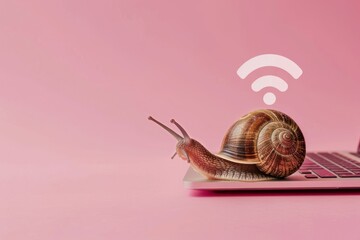 low internet speed. snail on laptop and wifi icon Isolated on solid color background