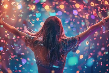 Girl teen celebrating and dancing exuberantly at party or at concert - theme Nightlive, clubbing,...