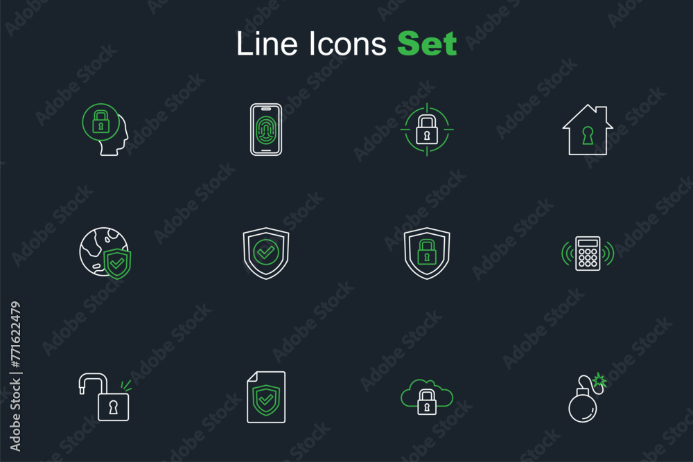 Canvas Prints Set line Bomb, Cloud computing lock, Contract with shield, Open padlock, Security keypad access panel, Shield security, check mark and world globe icon. Vector