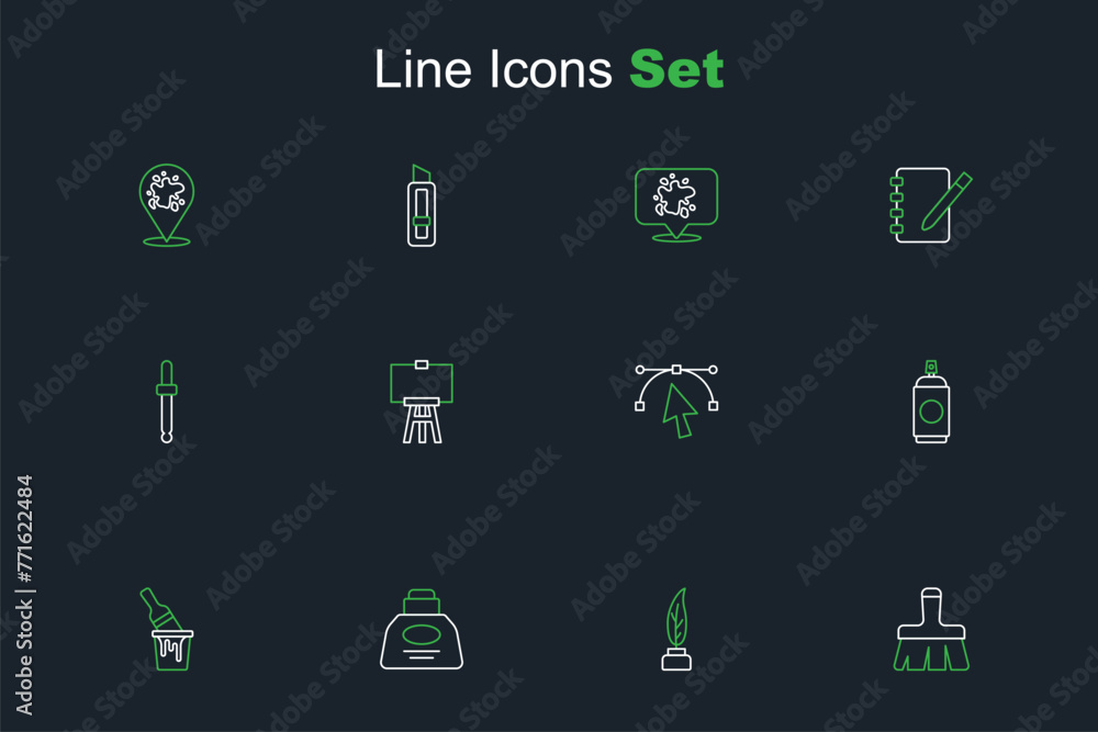 Sticker Set line Paint brush, Feather and inkwell, Inkwell, bucket with, spray can, Bezier curve, Wood easel and Eyedropper color picker palette icon. Vector