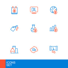 Set line Broken oil pipe with valve, CO2 emissions in cloud, Oil tank storage, Pie chart and dollar, Canister for motor machine, petrol test tube, drop symbol and Word icon. Vector