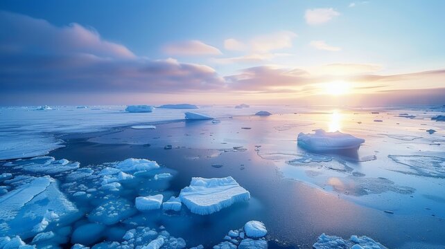 The sun sets over a collection of icebergs floating in the ocean, casting a warm glow on the icy structures
