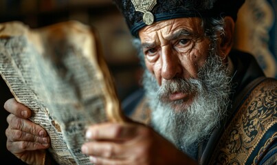 Religious leader reading an old manuscript parchment Hebrew text ancient biblical scroll, Generative AI - obrazy, fototapety, plakaty
