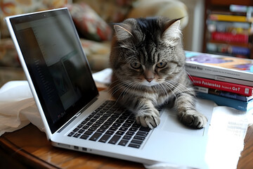 A cat is laying on a laptop computer. The cat is looking at the camera with a look of annoyance. The laptop is open and has a book on top of it. Generative AI - Powered by Adobe
