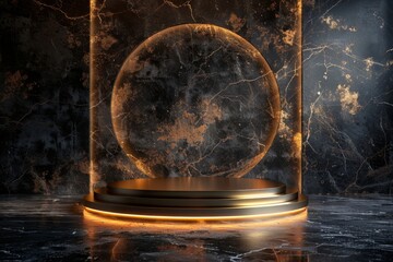Futuristic luxury background product display golden podium with light effects and dark marble floor, Generative AI