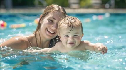 Happy mother teaching baby swimming pool.
