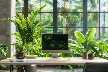 Fototapeta premium Modern green sustainable office work space with desk and computer screen