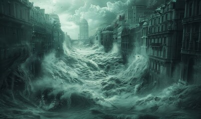Flooding city with turbulent waters from a tsunami Final Biblical Events of Revelation book, Generative AI - obrazy, fototapety, plakaty