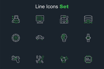 Set line Processor CPU, Medical pill biohacking, Futuristic weapon, Wrist watch, Smart glasses spectacles, Fantastic flying car and Cryptocurrency coin Bitcoin icon. Vector