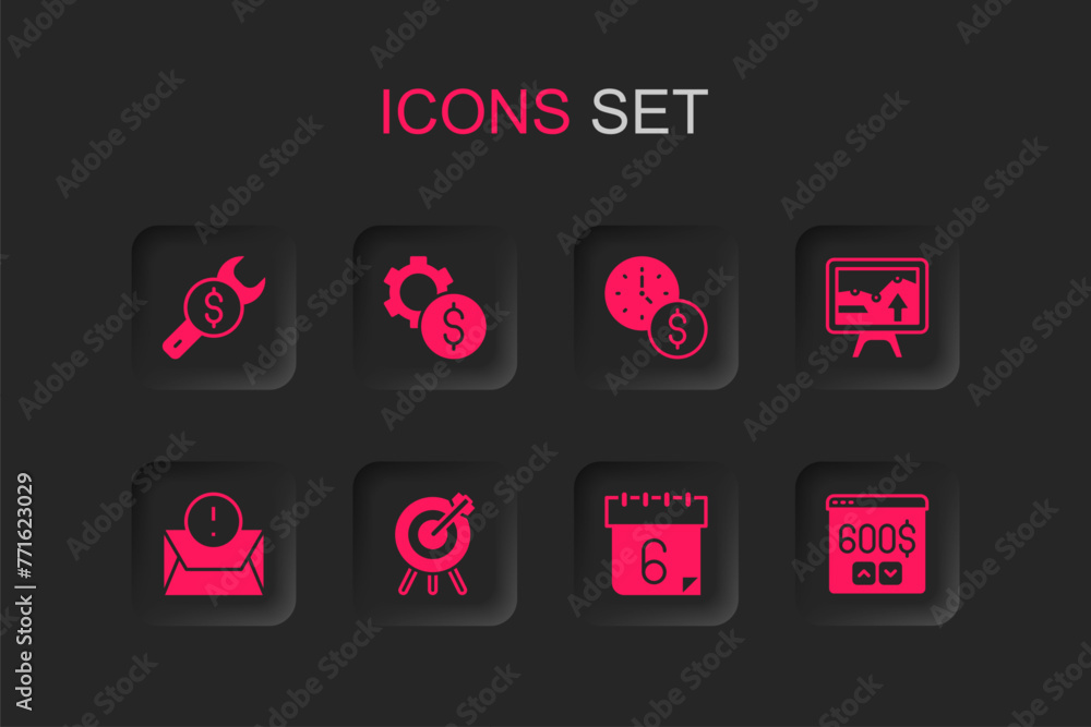 Sticker Set Target financial goal, Gear with dollar symbol, Repair price, Calendar, Monitor graph chart, Time is money and Envelope icon. Vector