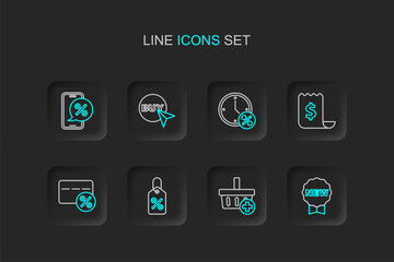 Set line Price tag with New, Add to Shopping basket, Discount percent, card, Paper check and financial check, Clock discount, Buy button and Percent phone icon. Vector