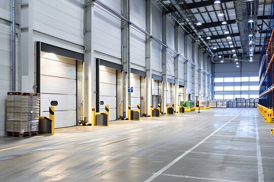 Modern warehouse building interior with loading dock doors