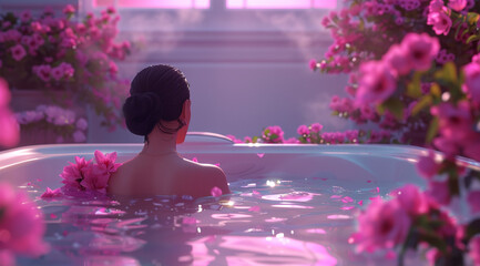 beautiful woman sitting in a jacuzzi bathtub with flowers in the background