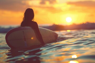 portrait of surfer girl holding her board in the sea at sunset - obrazy, fototapety, plakaty