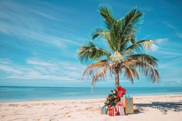 Palm tree in Christmas decoration with presents on exotic beach