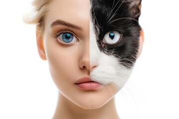 Portrait face mix between woman and cat Isolated on solid white background