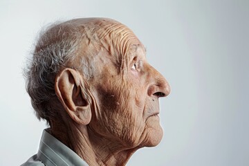 Profile portrait of elderly man with wrinkled skin Isolated on white background - obrazy, fototapety, plakaty