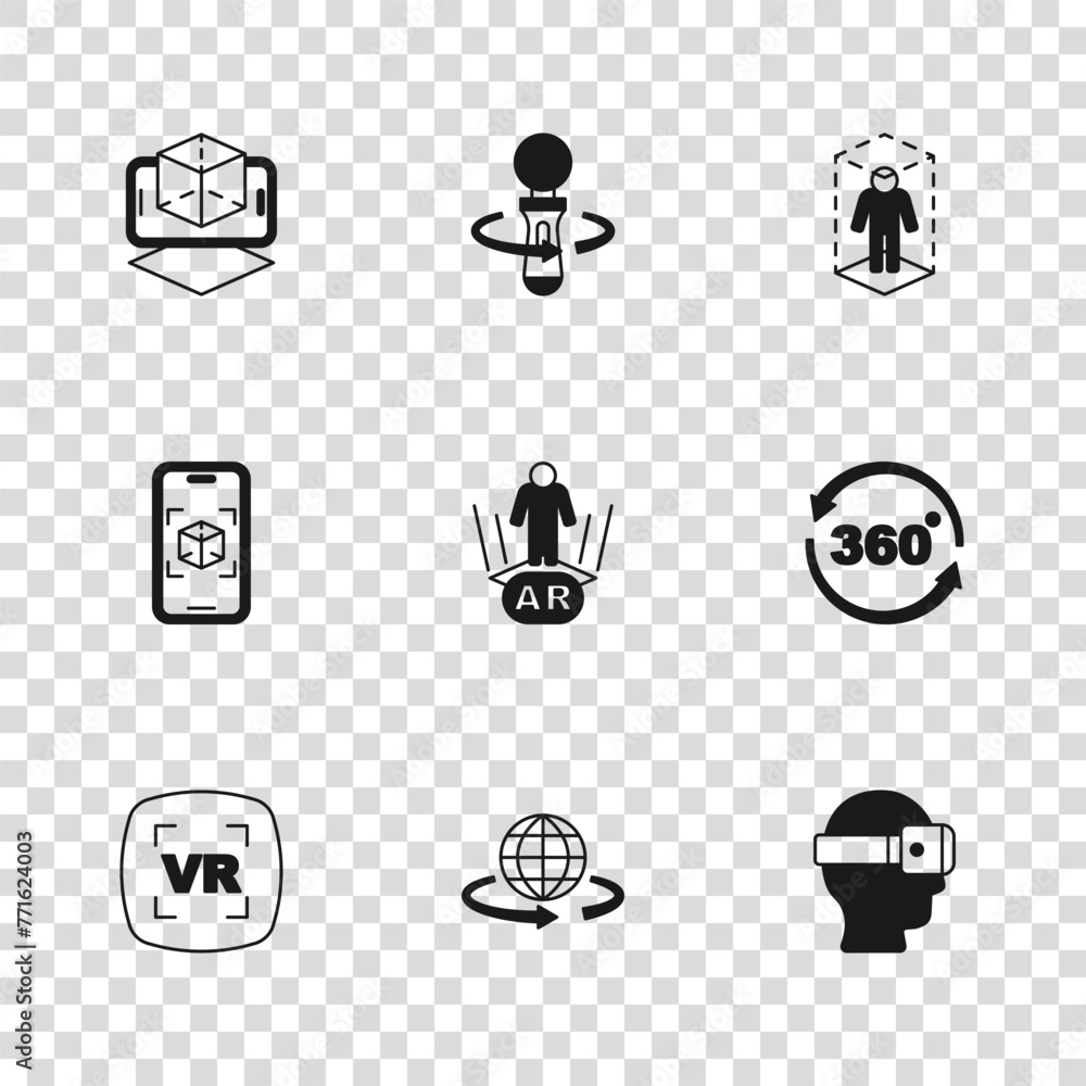 Poster set 3d modeling, 360 degree view, virtual reality glasses, augmented ar, vr controller game and icon