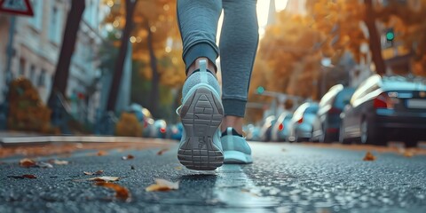 A person wearing running shoes jogging on a city street focusing on their feet from behind. Concept City Running, Footwear Focus, Active Lifestyle, Urban Jogging, Motion Capture - obrazy, fototapety, plakaty