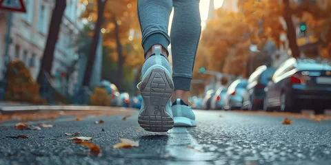 Keuken spatwand met foto A person wearing running shoes jogging on a city street focusing on their feet from behind. Concept City Running, Footwear Focus, Active Lifestyle, Urban Jogging, Motion Capture © Anastasiia