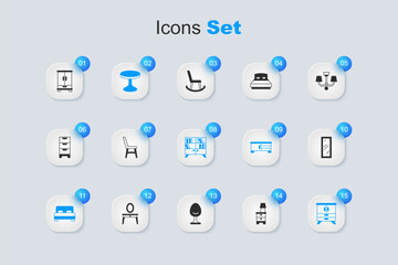 Set Furniture nightstand with lamp, Chair, Round table, Big bed, Chest of drawers, full length mirror, Wardrobe and Library bookshelf icon. Vector