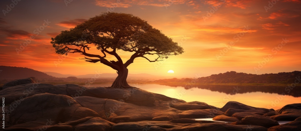 Poster a tree with twisted twigs sits on a rock by the water, under the colorful sky at dusk, creating a st