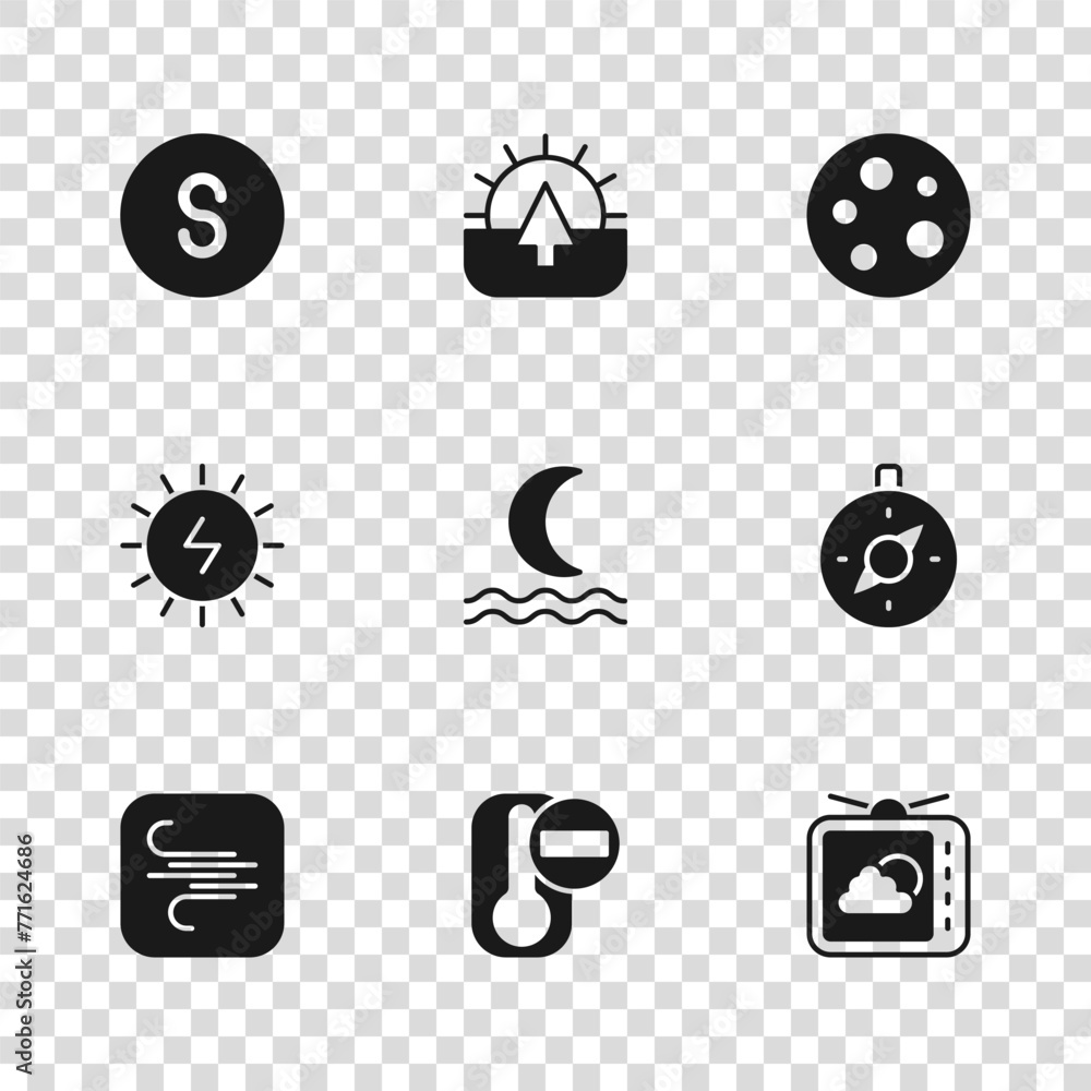 Poster set thermometer, compass, weather forecast, night fog smoke, moon, south, sunrise and solar energy p